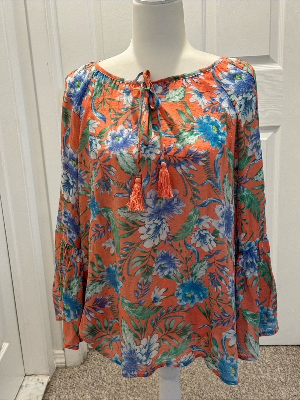 Boho Floral Tie-Neck Women's Top - Coral with Blue Floral Print